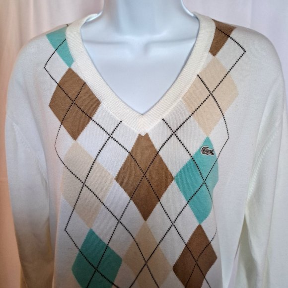 LACOSTE ARGYLE Sweater Sz 5 or L 100% Cotton STUNNING COND. PREPPY IVY LEAGUE - Picture 2 of 9